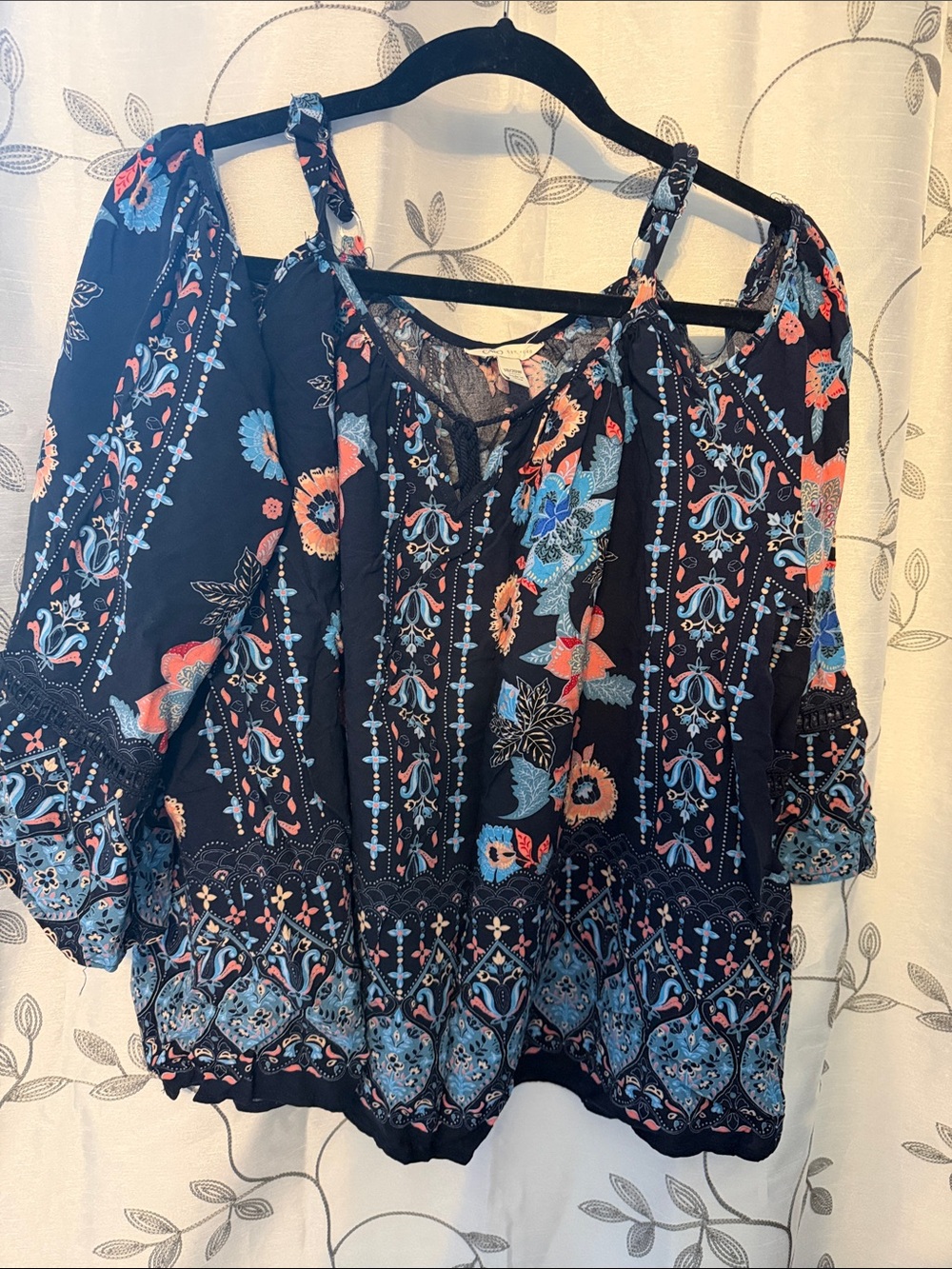 Boho Floral Off-Shoulder Top in Navy with Blue & Coral Print